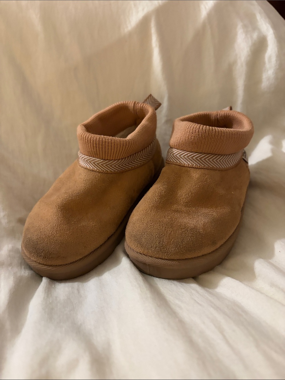 PAWZ Kids Tan Cozy Slip-On Booties with Knit Collar